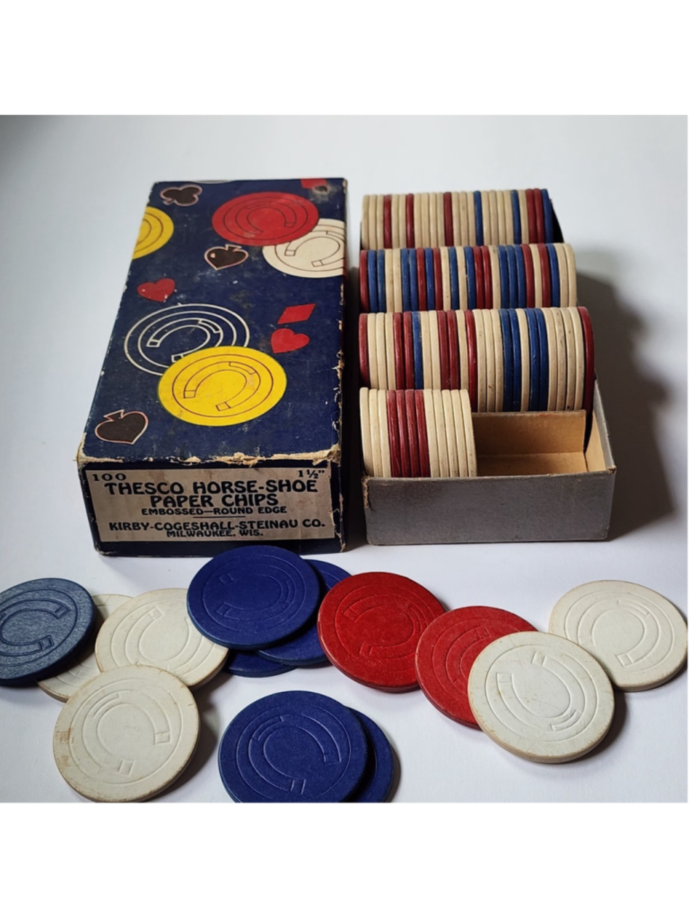 Vintage Thesco Horse-Shoe Paper Poker Chips 100 Count Complete Set Box Milwaukee